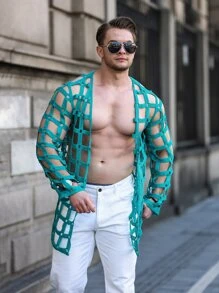 Manfinity RSRT 男士镂空休闲设计开衫 - 綠色 - 查看 5