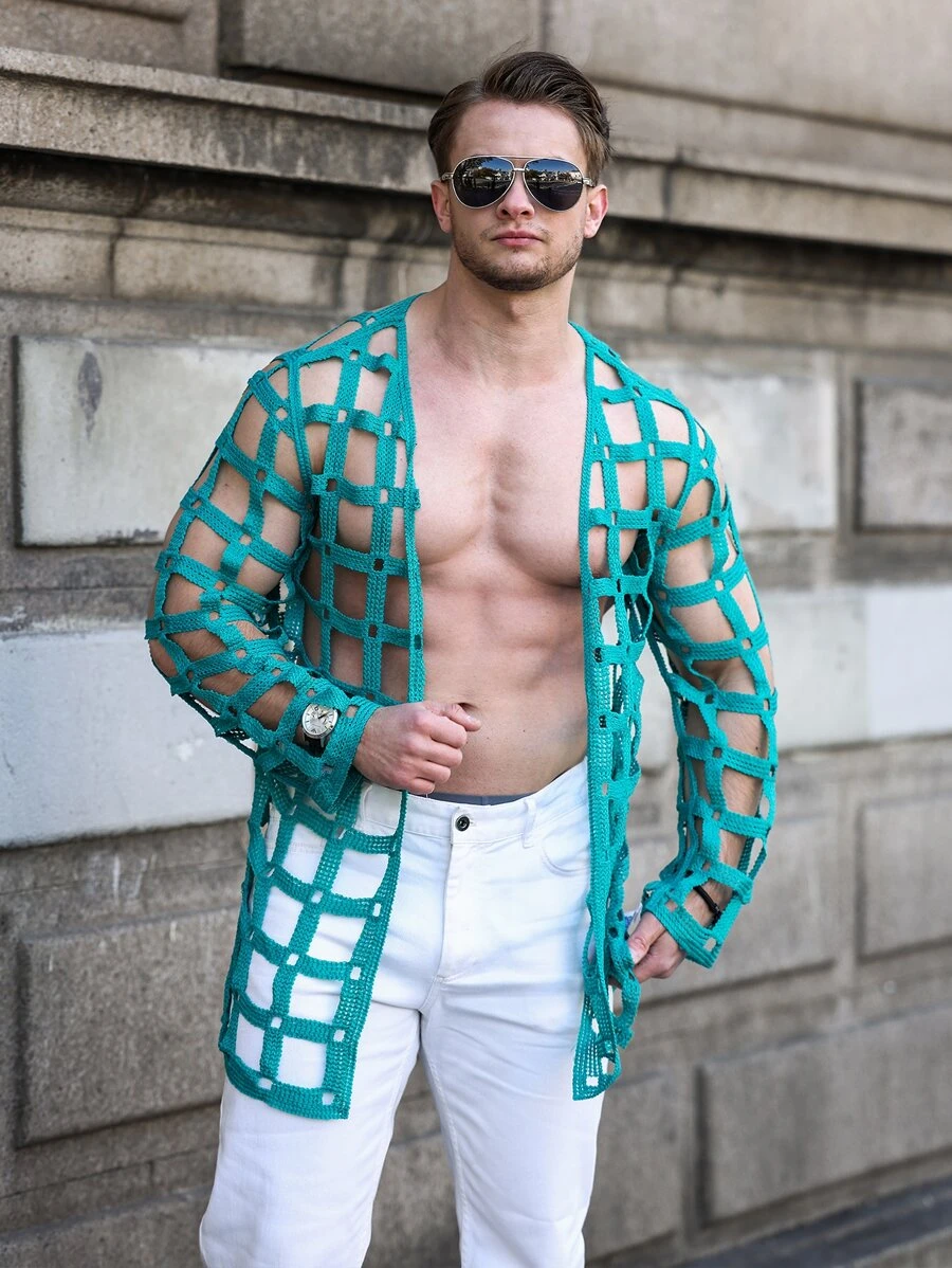 Manfinity RSRT 男士镂空休闲设计开衫 - 綠色 - 查看 1