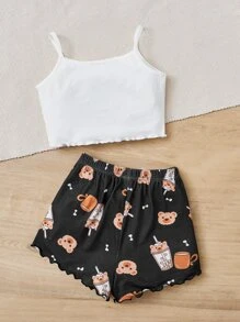 SHEIN Tween Girl Cartoon & Slogan Graphic Lettuce Trim PJ Set - Multicolor - View 2