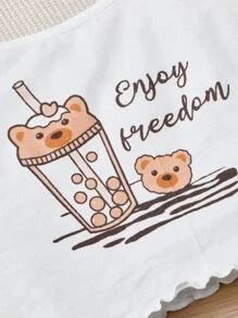 SHEIN Tween Girl Cartoon & Slogan Graphic Lettuce Trim PJ Set - Multicolor - View 3