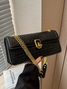 鱷魚壓紋翻蓋鏈條法棍包 - 黑色 - 查看 1