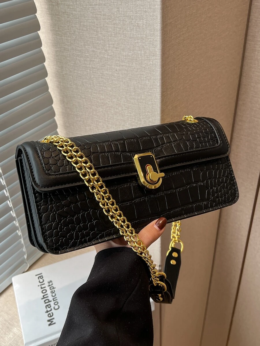 鱷魚壓紋翻蓋鏈條法棍包 - 黑色 - 查看 1