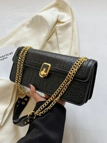 鱷魚壓紋翻蓋鏈條法棍包 - 黑色 - 查看 4