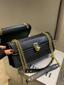 鱷魚壓紋翻蓋鏈條法棍包 - 黑色 - 查看 5
