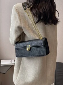 鱷魚壓紋翻蓋鏈條法棍包 - 黑色 - 查看 6