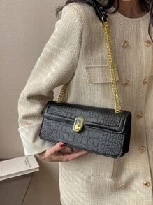 鱷魚壓紋翻蓋鏈條法棍包 - 黑色 - 查看 8