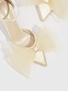 女士鞋,蝴蝶結裝飾尖頭細高跟踝帶緞面鞋,適合春夏季節穿著 - 香檳色 - 查看 3