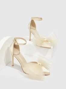 女士鞋,蝴蝶結裝飾尖頭細高跟踝帶緞面鞋,適合春夏季節穿著 - 香檳色 - 查看 5