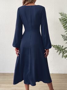 SHEIN Clasi Twist Front Lantern Sleeve Dress - Navy Blue - View 3