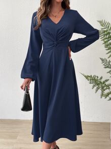 SHEIN Clasi Twist Front Lantern Sleeve Dress - Navy Blue - View 4