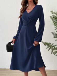 SHEIN Clasi Twist Front Lantern Sleeve Dress - Navy Blue - View 5