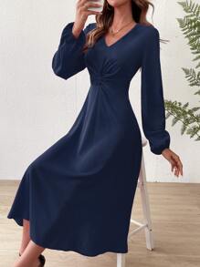 SHEIN Clasi Twist Front Lantern Sleeve Dress - Navy Blue - View 6