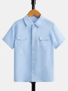 SHEIN Boys Flap Pocket Button Front Shirt - Baby Blue - View 1