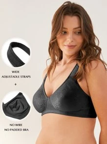 WINGSLOVE Plus Size Plain Full Coverage Wireless Bra - Black - View 2