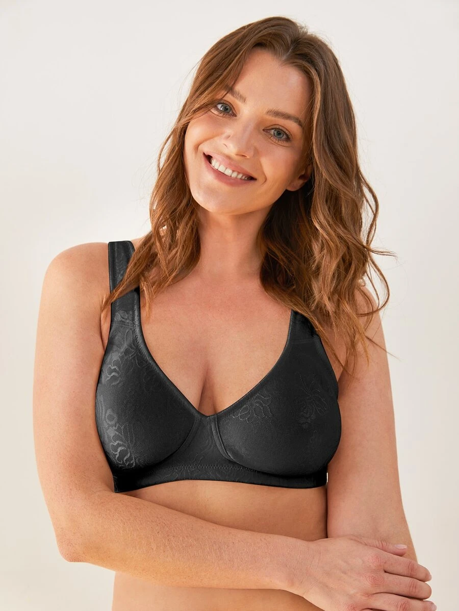 WINGSLOVE Plus Size Plain Full Coverage Wireless Bra - Black - View 1