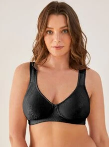 WINGSLOVE Plus Size Plain Full Coverage Wireless Bra - Black - View 5
