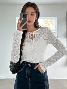 DAZY 系带领蕾丝上衣（不含吊带背心）长袖上衣 - 白色 - 查看 1