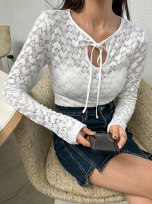 DAZY 系带领蕾丝上衣（不含吊带背心）长袖上衣 - 白色 - 查看 3