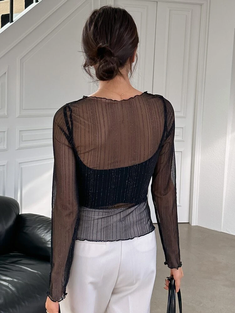 Lettuce Trim Sheer Mesh Top Without Bra Long Sleeve Women