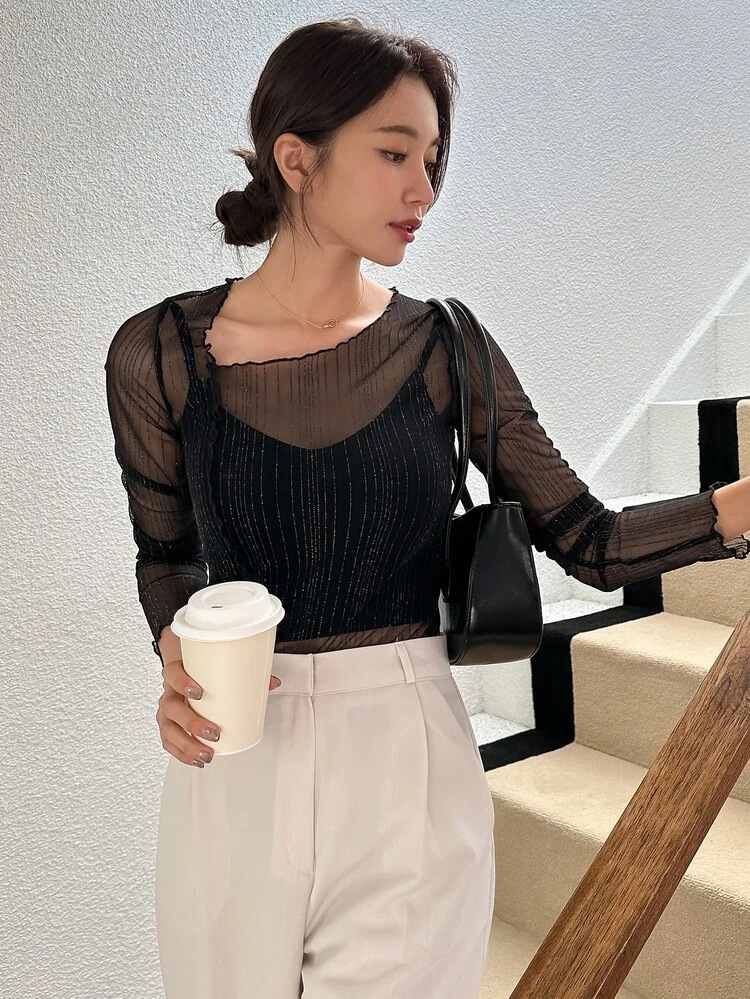 Lettuce Trim Sheer Mesh Top Without Bra Long Sleeve Women