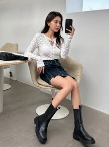 DAZY 系带领蕾丝上衣（不含吊带背心）长袖上衣 - 白色 - 查看 7