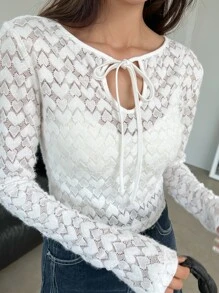 DAZY 系带领蕾丝上衣（不含吊带背心）长袖上衣 - 白色 - 查看 8