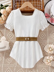 Chicas Blusa ribete con fruncido de manga farol bajo irregular con cinturón - Albaricoque - Ver 2