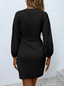 SHEIN LUNE Surplice Neck Knot Wrap Dress - Black - View 2