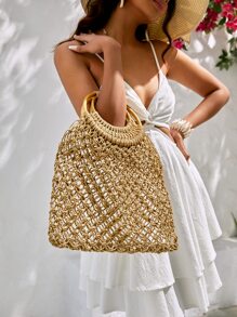 SHEIN VCAY Hollow Out Straw Bag - Brown - View 1