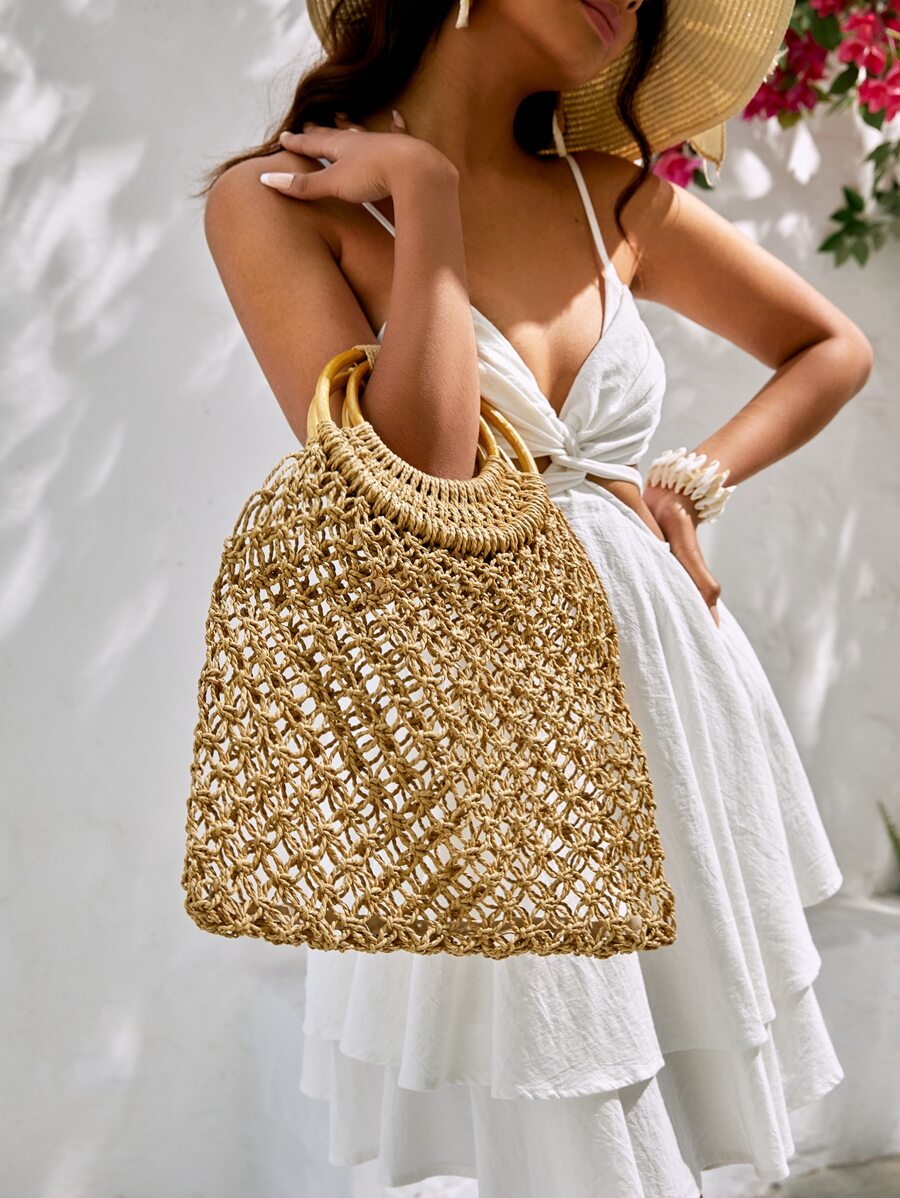 SHEIN VCAY Hollow Out Straw Bag - Brown - View 1