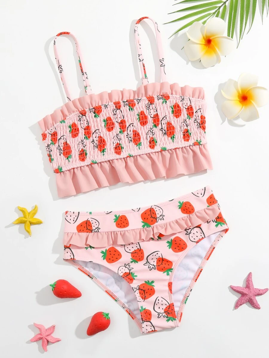Tween Girl Strawberry Print Smocked Ruffle Trim Bikini Set Summer Beach - Pink - View 1