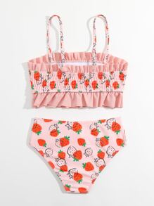 Tween Girl Strawberry Print Smocked Ruffle Trim Bikini Set Summer Beach - Pink - View 2
