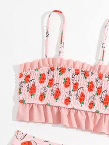 Tween Girl Strawberry Print Smocked Ruffle Trim Bikini Set Summer Beach - Pink - View 3