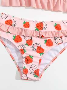Tween Girl Strawberry Print Smocked Ruffle Trim Bikini Set Summer Beach - Pink - View 4