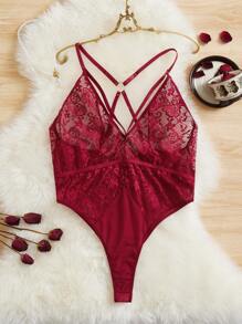 Plus Contrast Lace Ring Linked Teddy Bodysuit - Burgundy - View 1