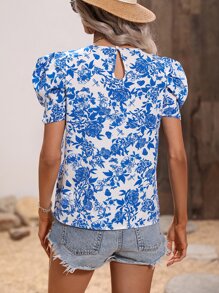 SHEIN VCAY Floral Print Puff Sleeve Blouse - Blue and White - View 2
