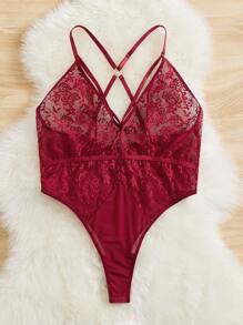 Plus Contrast Lace Ring Linked Teddy Bodysuit - Burgundy - View 5