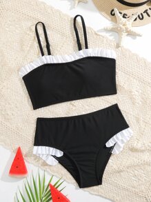 Tween Girl Frill Trim Bikini Set Summer Beach - Black - View 1
