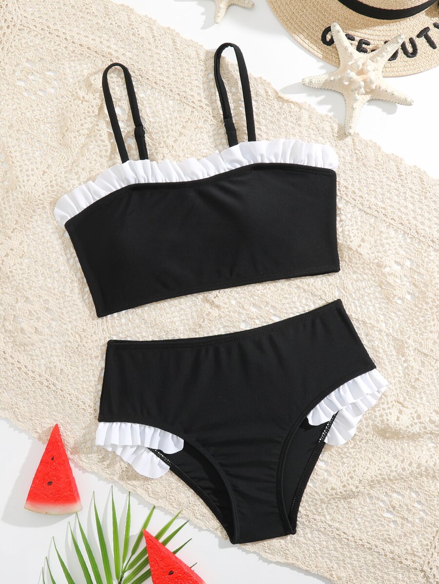 Tween Girl Frill Trim Bikini Set Summer Beach - Black - View 1