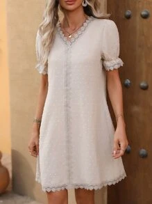 SHEIN Clasi Swiss Dot Lace Trimed Tunic Dress - Apricot - View 5