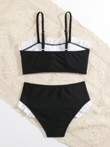Tween Girl Frill Trim Bikini Set Summer Beach - Black - View 2