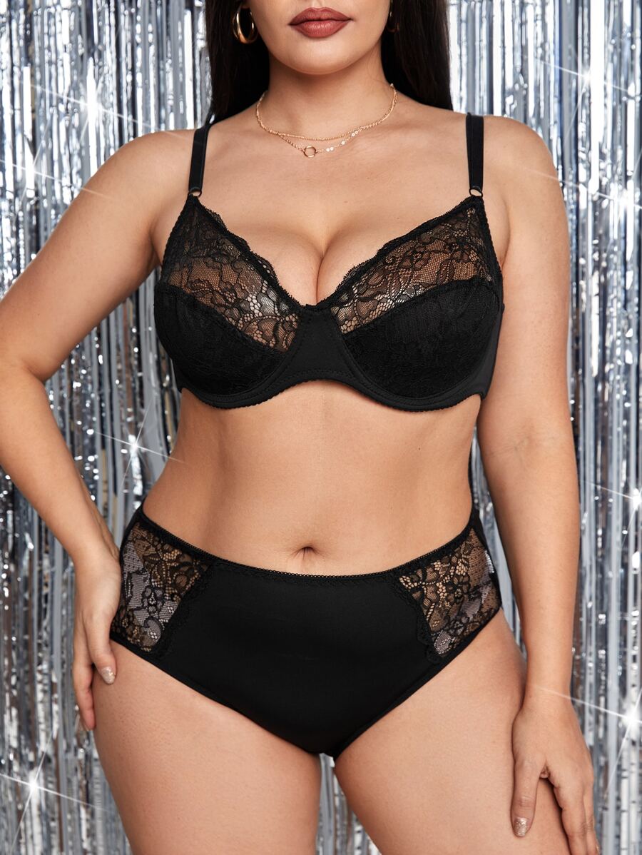 Set de lencería con encaje en contraste con aro - Negro - Ver 1