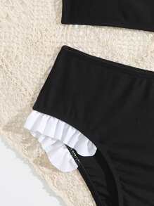 Tween Girl Frill Trim Bikini Set Summer Beach - Black - View 4