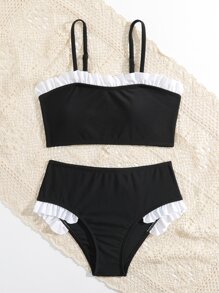 Tween Girl Frill Trim Bikini Set Summer Beach - Black - View 5