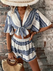 SHEIN VCAY Striped Print Tie Front Crop Top & Shorts - Blue and White - View 1