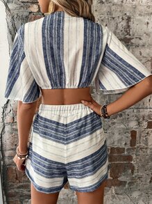 SHEIN VCAY Striped Print Tie Front Crop Top & Shorts - Blue and White - View 2