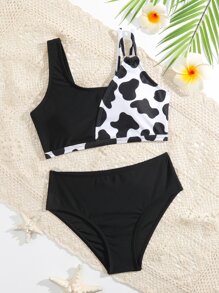 Tween Girl Cow Print Bikini Set Summer Beach - Black and White - View 1