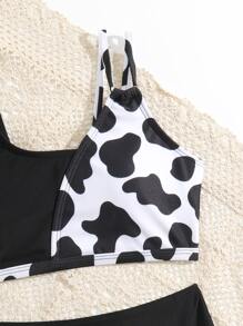 Tween Girl Cow Print Bikini Set Summer Beach - Black and White - View 3