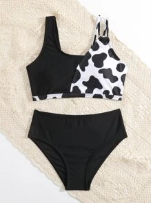 Tween Girl Cow Print Bikini Set Summer Beach - Black and White - View 5