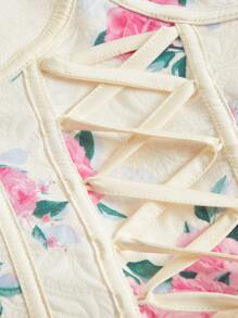 SHEIN MOD Floral Print Lace Up Front Ruched Wide Straps Top - Beige - View 3